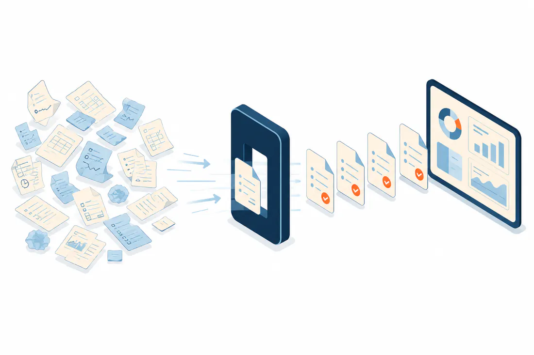 RETGAS standardization illustration: documents in mixed formats become validated digital reports delivered to the distributor's system